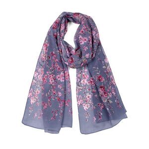 Long Chiffon Shawls Beach Scarf Silk Scarves Floral Print Scarves Denim Blue